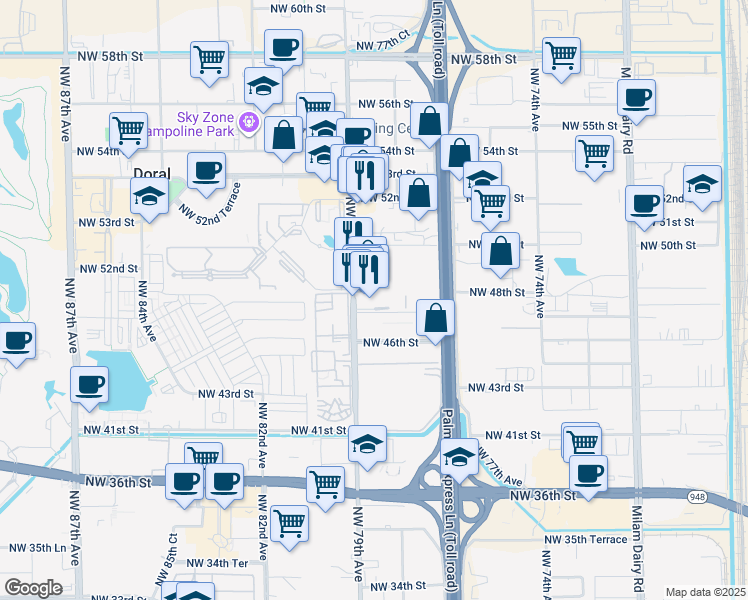 map of restaurants, bars, coffee shops, grocery stores, and more near in Doral