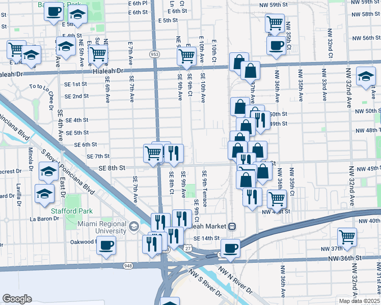 map of restaurants, bars, coffee shops, grocery stores, and more near 700 Southeast 9th Court in Hialeah