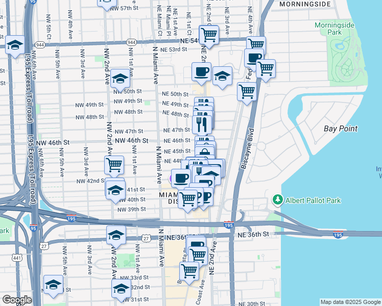 map of restaurants, bars, coffee shops, grocery stores, and more near 130 Northeast 45th Street in Miami