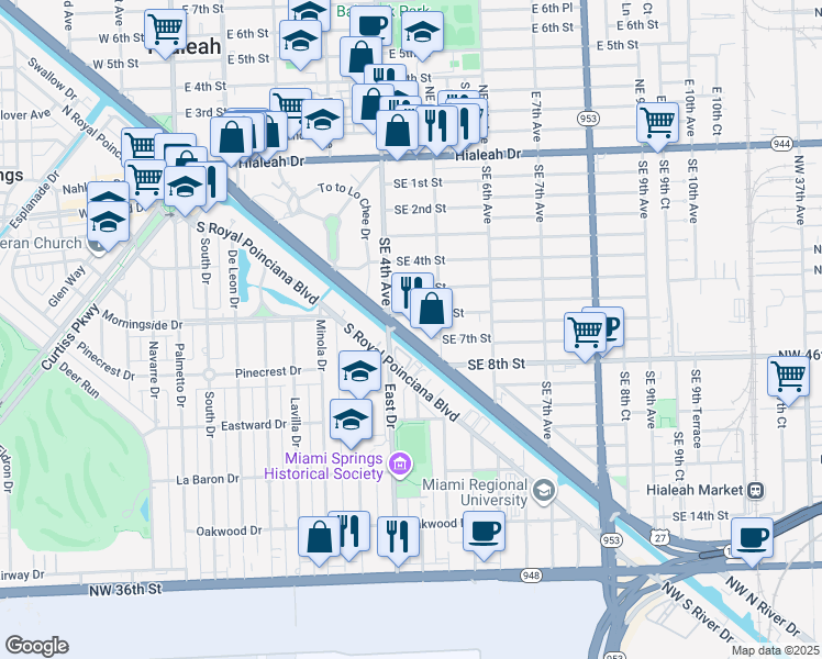 map of restaurants, bars, coffee shops, grocery stores, and more near 445 East Okeechobee Road in Hialeah