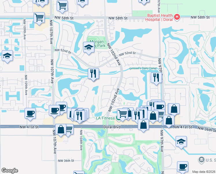 map of restaurants, bars, coffee shops, grocery stores, and more near 4710 Northwest 102nd Avenue in Doral