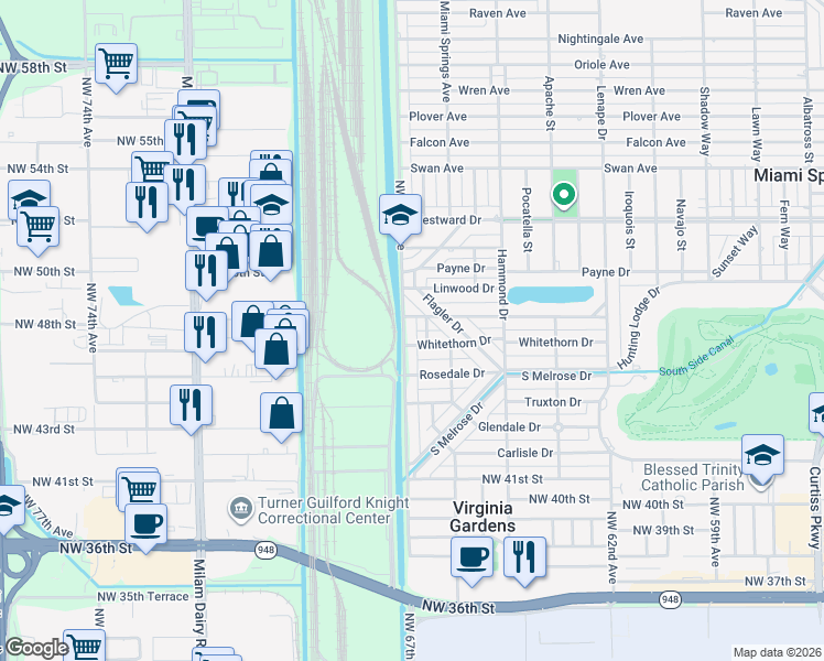 map of restaurants, bars, coffee shops, grocery stores, and more near 301 Ludlam Drive in Miami Springs