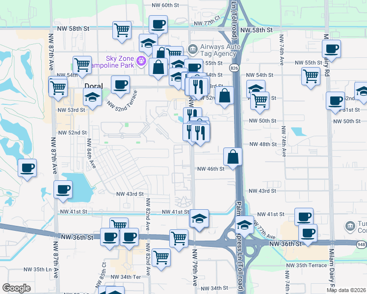 map of restaurants, bars, coffee shops, grocery stores, and more near 4650 Northwest 79th Avenue in Doral