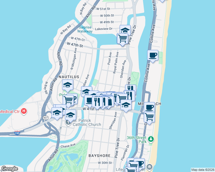 map of restaurants, bars, coffee shops, grocery stores, and more near 4340 Royal Palm Avenue in Miami Beach