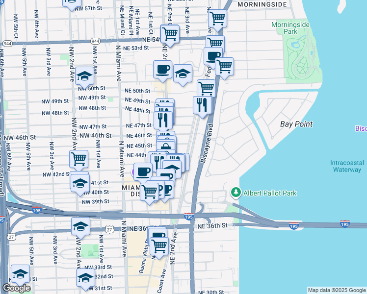 map of restaurants, bars, coffee shops, grocery stores, and more near 261 Northeast 44th Street in Miami