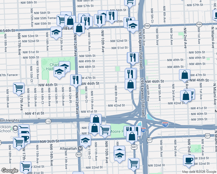 map of restaurants, bars, coffee shops, grocery stores, and more near 900 Northwest 45th Street in Miami