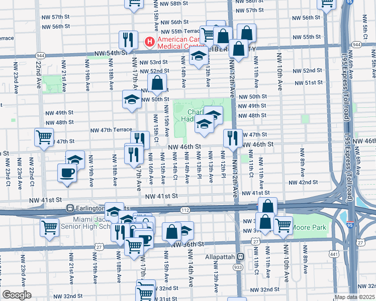 map of restaurants, bars, coffee shops, grocery stores, and more near 1391 Northwest 45th Street in Miami