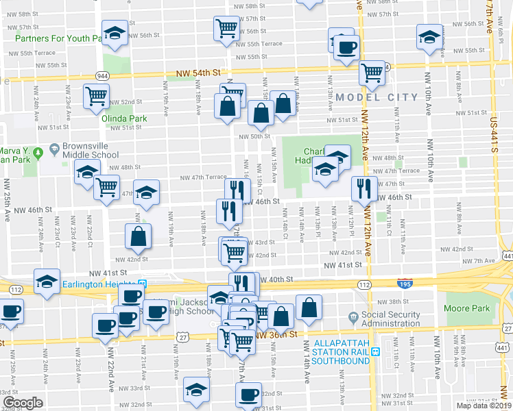 map of restaurants, bars, coffee shops, grocery stores, and more near 4515 Northwest 16th Avenue in Miami
