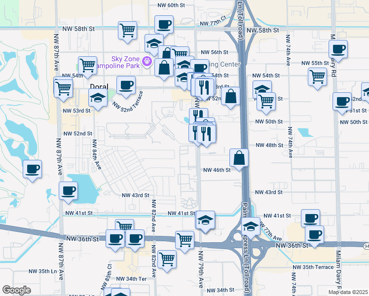 map of restaurants, bars, coffee shops, grocery stores, and more near 4620 Northwest 79th Avenue in Doral