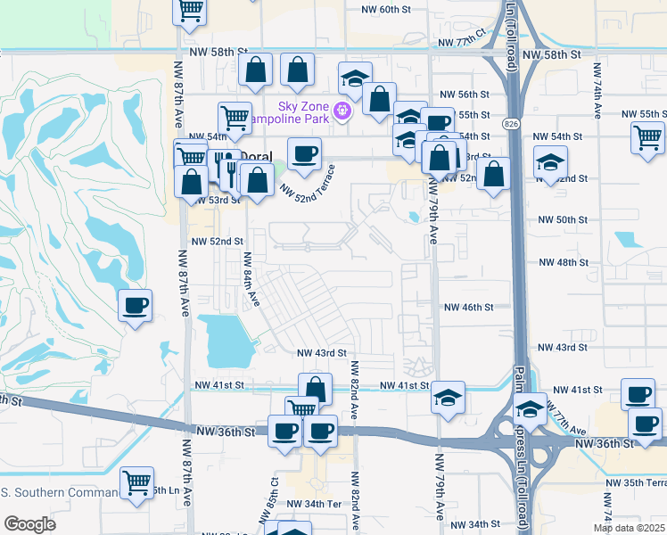 map of restaurants, bars, coffee shops, grocery stores, and more near 8192 Northwest 48th Terrace in Doral