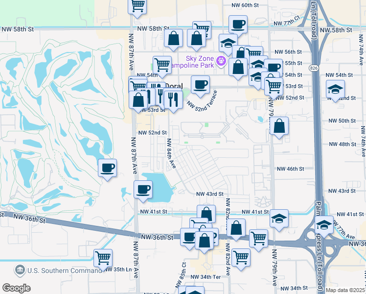 map of restaurants, bars, coffee shops, grocery stores, and more near 4946 Northwest 83rd Path in Doral