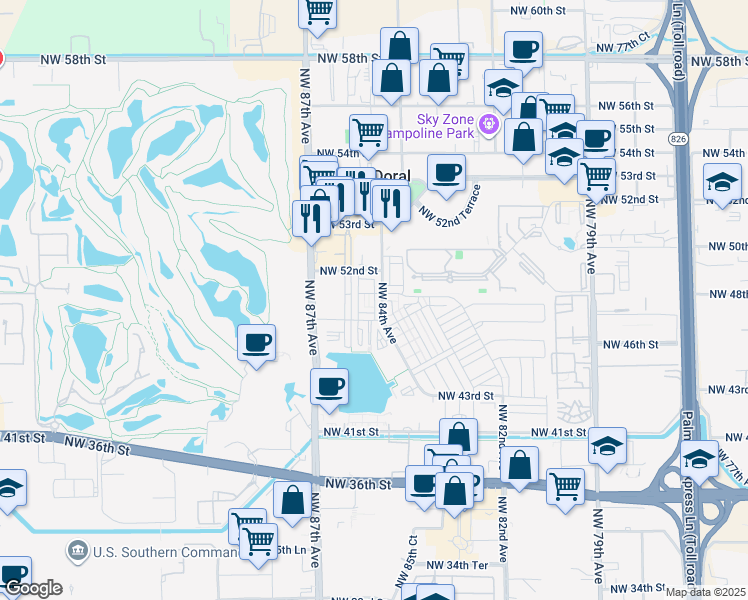map of restaurants, bars, coffee shops, grocery stores, and more near 8461 Northwest 47th Terrace in Doral