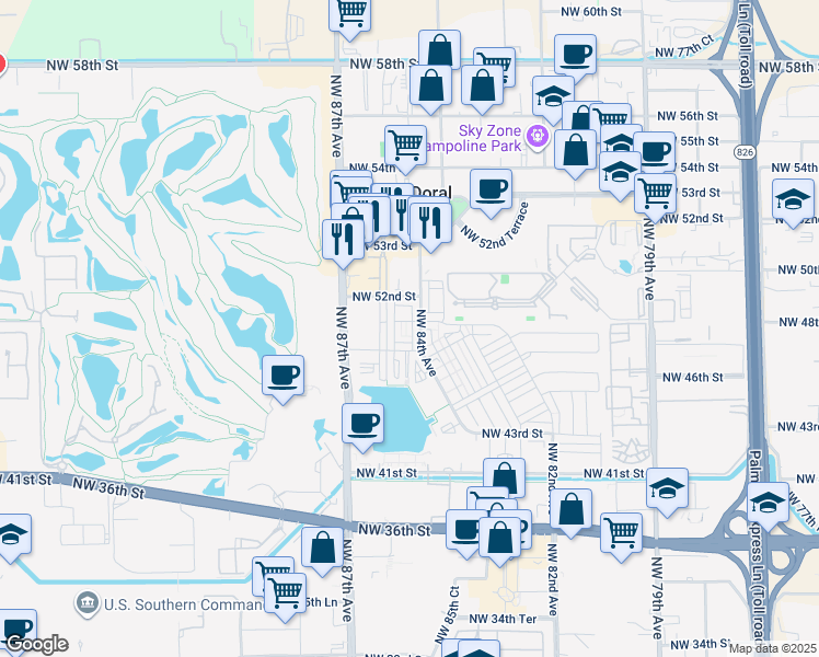 map of restaurants, bars, coffee shops, grocery stores, and more near 8461 Northwest 47th Terrace in Doral