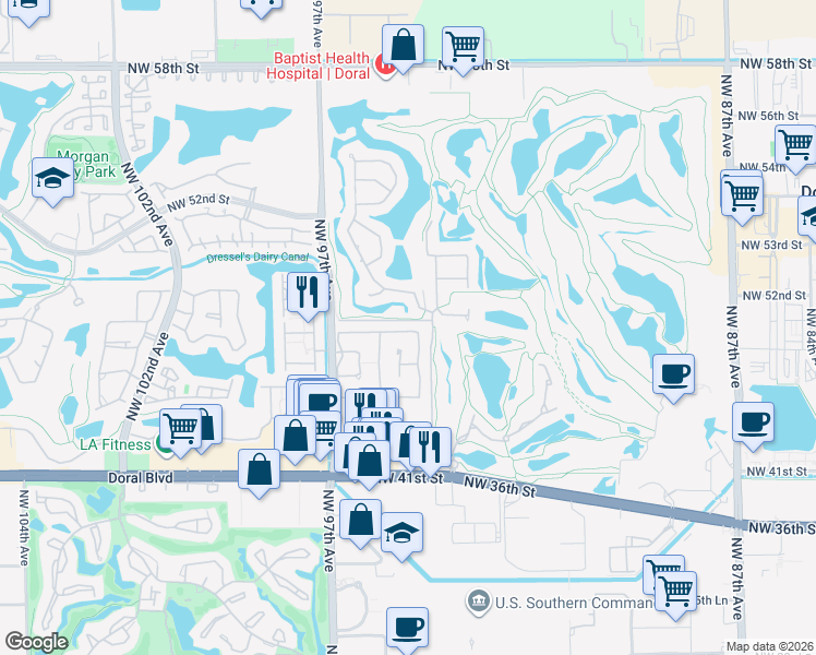 map of restaurants, bars, coffee shops, grocery stores, and more near 9442 Northwest 47th Terrace in Doral