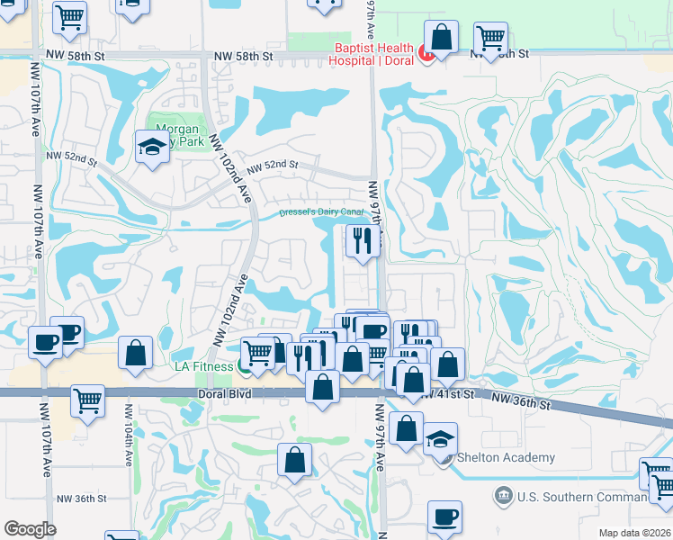 map of restaurants, bars, coffee shops, grocery stores, and more near 9764 Northwest 47th Terrace in Doral
