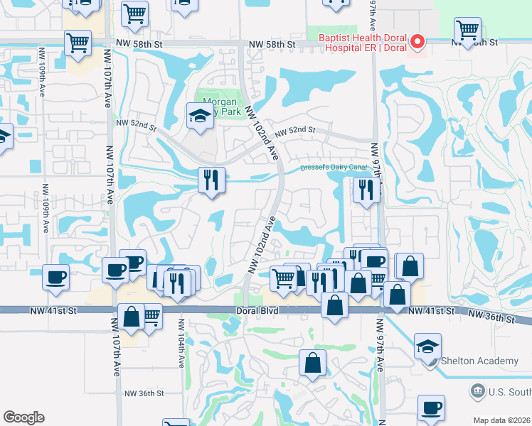 map of restaurants, bars, coffee shops, grocery stores, and more near 4710 Northwest 102nd Avenue in Doral