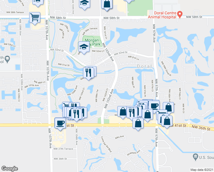 map of restaurants, bars, coffee shops, grocery stores, and more near 4710 Northwest 102nd Avenue in Doral