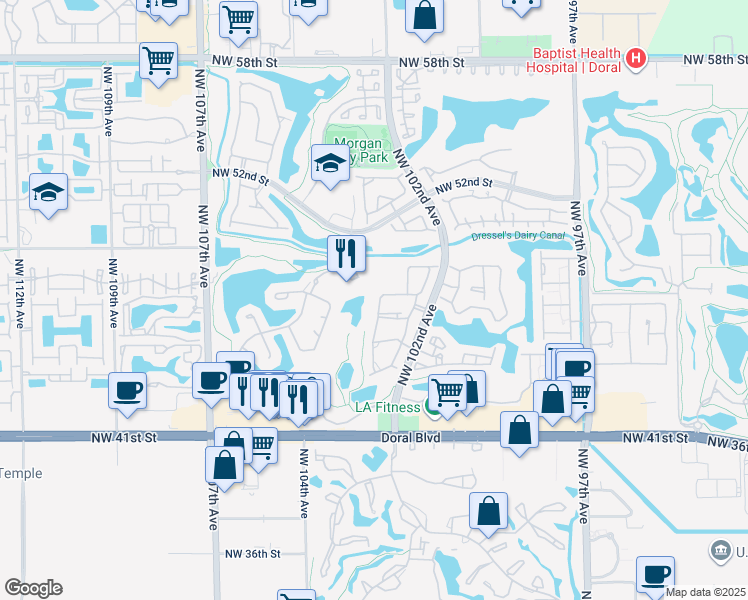 map of restaurants, bars, coffee shops, grocery stores, and more near 4630 Northwest 102nd Avenue in Doral