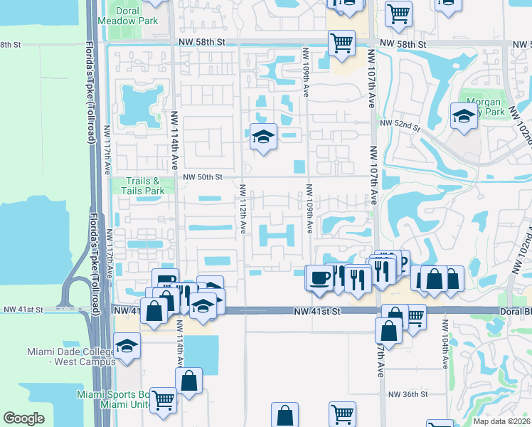 map of restaurants, bars, coffee shops, grocery stores, and more near 4721 Northwest 110th Court in Doral