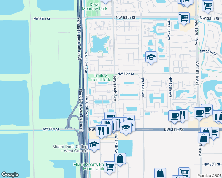 map of restaurants, bars, coffee shops, grocery stores, and more near 4701 Northwest 114th Avenue in Doral