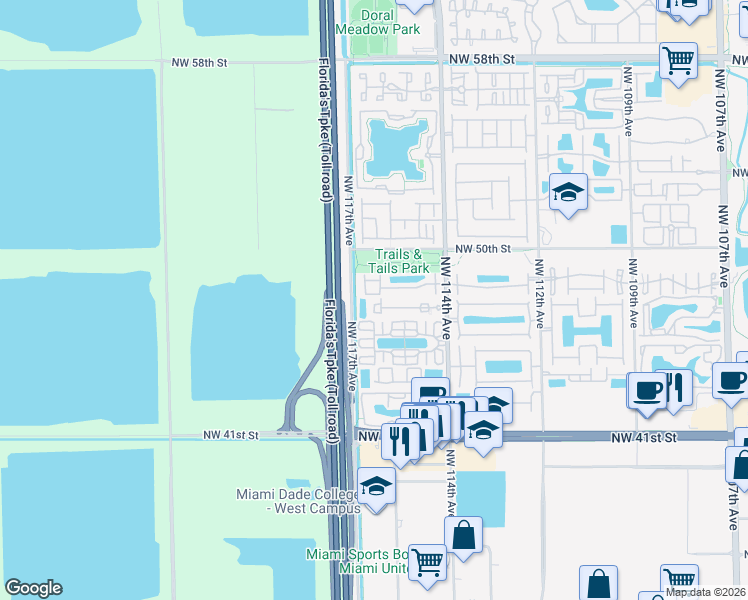 map of restaurants, bars, coffee shops, grocery stores, and more near 4744 Northwest 114th Avenue in Doral