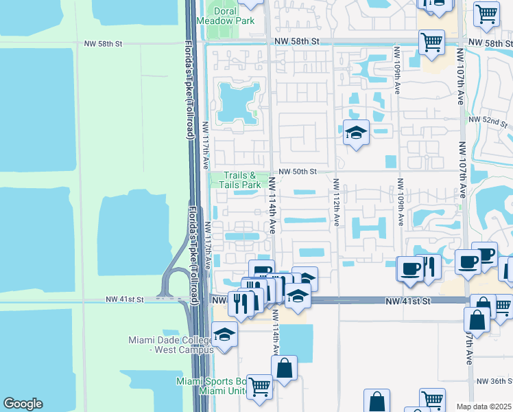 map of restaurants, bars, coffee shops, grocery stores, and more near 4701 Northwest 114th Avenue in Doral