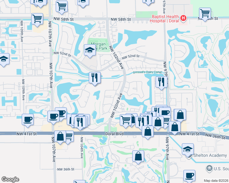 map of restaurants, bars, coffee shops, grocery stores, and more near 4710 Northwest 102nd Avenue in Doral