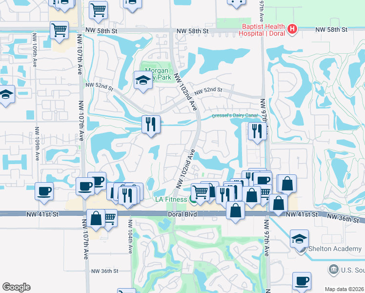 map of restaurants, bars, coffee shops, grocery stores, and more near 4710 Northwest 102nd Avenue in Doral
