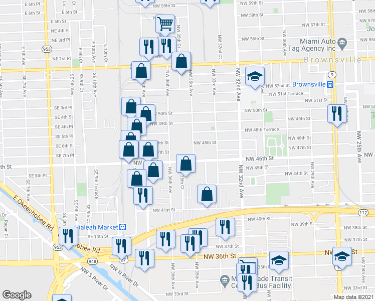 map of restaurants, bars, coffee shops, grocery stores, and more near 3501 Northwest 46th Street in Miami