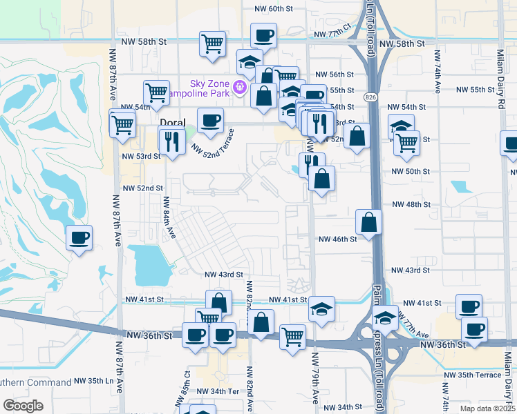 map of restaurants, bars, coffee shops, grocery stores, and more near 8144 Northwest 48th Terrace in Doral