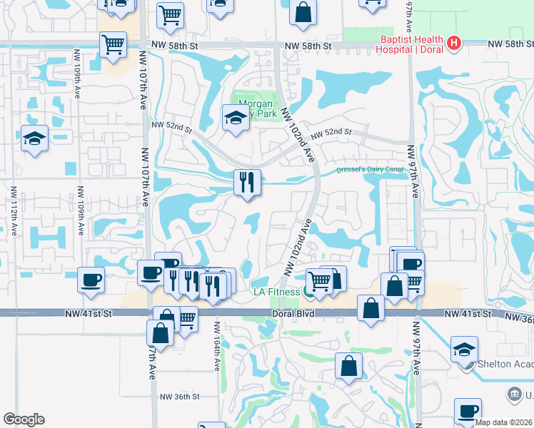 map of restaurants, bars, coffee shops, grocery stores, and more near 4630 Northwest 102nd Avenue in Doral