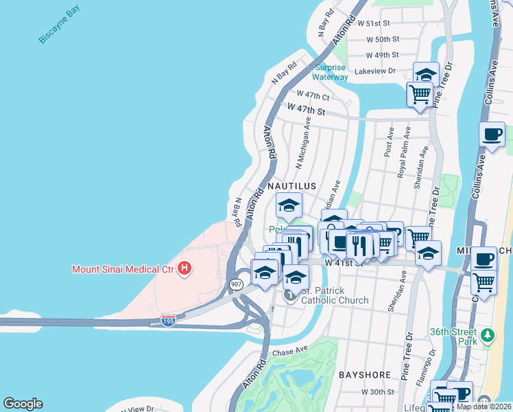map of restaurants, bars, coffee shops, grocery stores, and more near 4322 Alton Road in Miami Beach