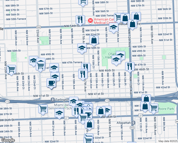 map of restaurants, bars, coffee shops, grocery stores, and more near 4515 Northwest 16th Avenue in Miami