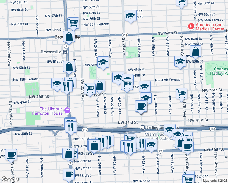 map of restaurants, bars, coffee shops, grocery stores, and more near 4590 Northwest 22nd Court in Miami