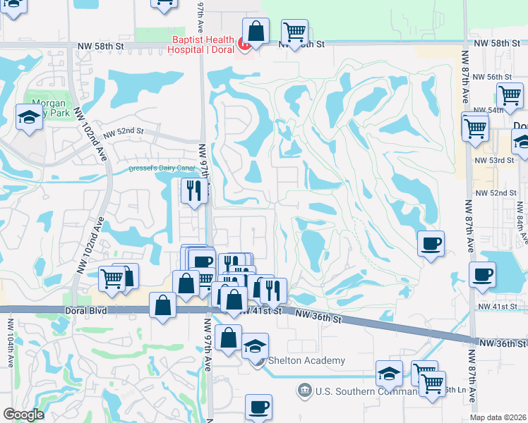 map of restaurants, bars, coffee shops, grocery stores, and more near 9442 Northwest 47th Terrace in Doral