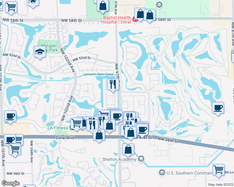 map of restaurants, bars, coffee shops, grocery stores, and more near 4667 Northwest 97th Court in Doral