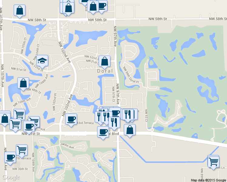 map of restaurants, bars, coffee shops, grocery stores, and more near 4667 Northwest 97th Court in Doral
