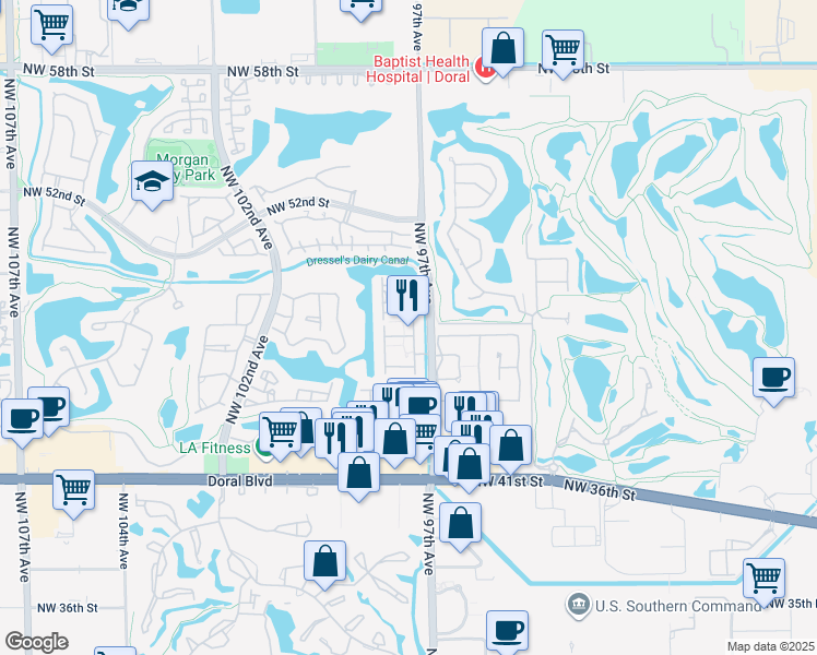 map of restaurants, bars, coffee shops, grocery stores, and more near 9764 Northwest 47th Terrace in Doral