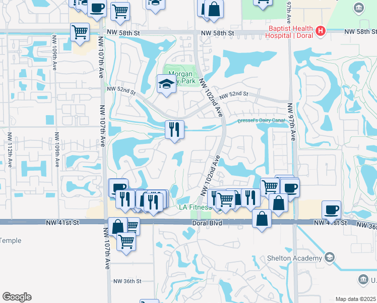 map of restaurants, bars, coffee shops, grocery stores, and more near 4630 Northwest 102nd Avenue in Doral