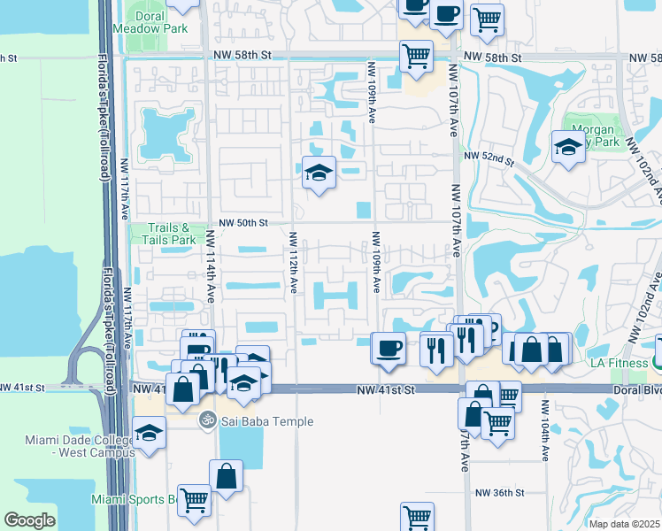 map of restaurants, bars, coffee shops, grocery stores, and more near 4721 Northwest 110th Court in Doral