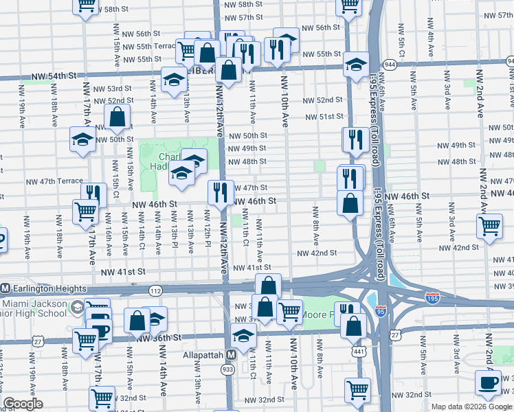 map of restaurants, bars, coffee shops, grocery stores, and more near 1100 Northwest 45th Street in Miami