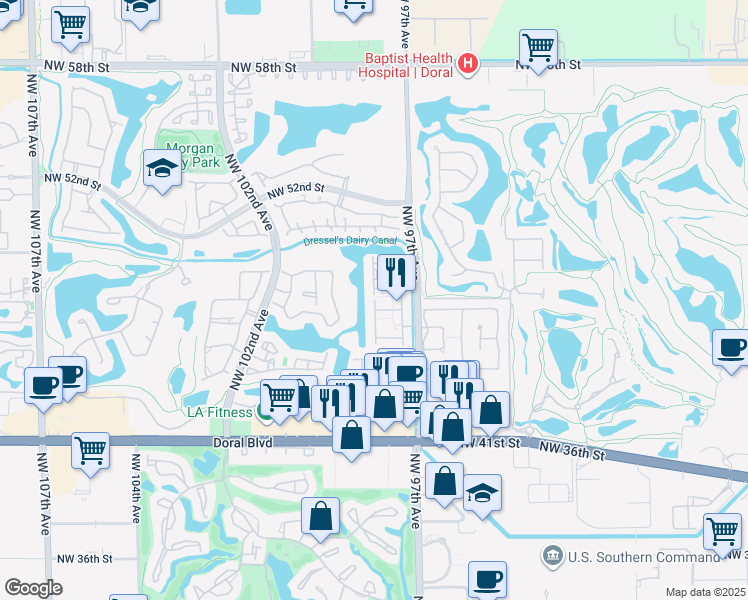 map of restaurants, bars, coffee shops, grocery stores, and more near 9764 Northwest 47th Terrace in Doral