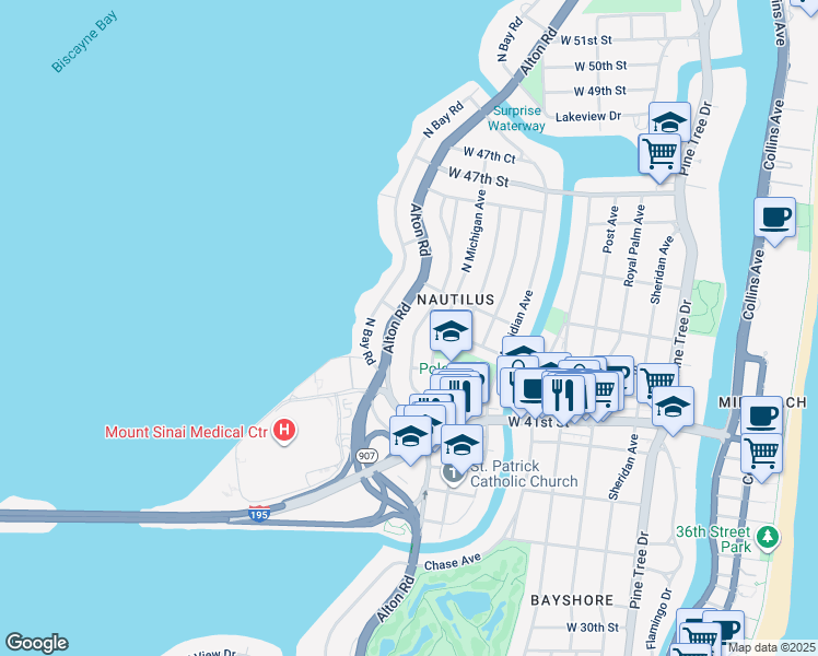 map of restaurants, bars, coffee shops, grocery stores, and more near 4333 Nautilus Drive in Miami Beach
