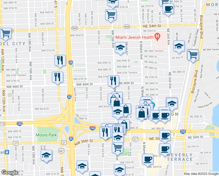 map of restaurants, bars, coffee shops, grocery stores, and more near 235 Northwest 45th Street in Miami
