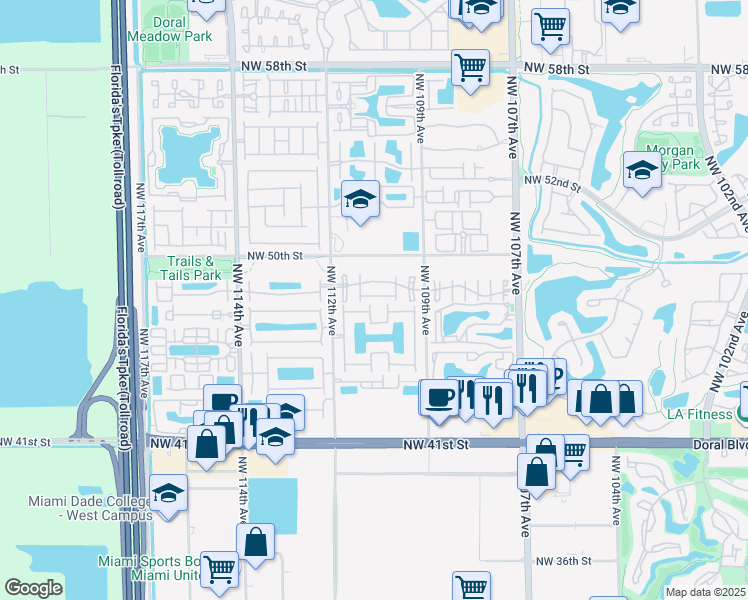 map of restaurants, bars, coffee shops, grocery stores, and more near 4721 Northwest 110th Court in Doral