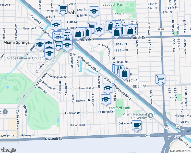 map of restaurants, bars, coffee shops, grocery stores, and more near 235 Minola Drive in Miami Springs