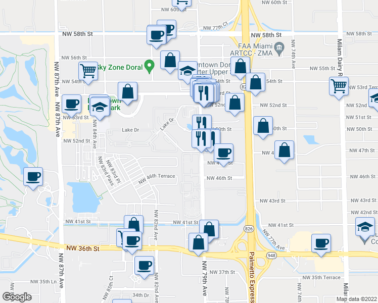 map of restaurants, bars, coffee shops, grocery stores, and more near 6852 Geneva NW 48th Way in Miami