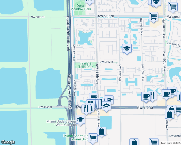 map of restaurants, bars, coffee shops, grocery stores, and more near in Doral