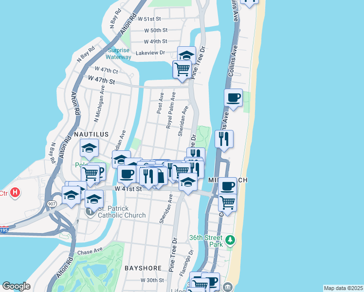 map of restaurants, bars, coffee shops, grocery stores, and more near 4349 Sheridan Avenue in Miami Beach
