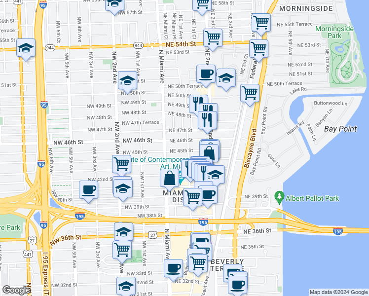 map of restaurants, bars, coffee shops, grocery stores, and more near 51 Northeast 44th Street in Miami